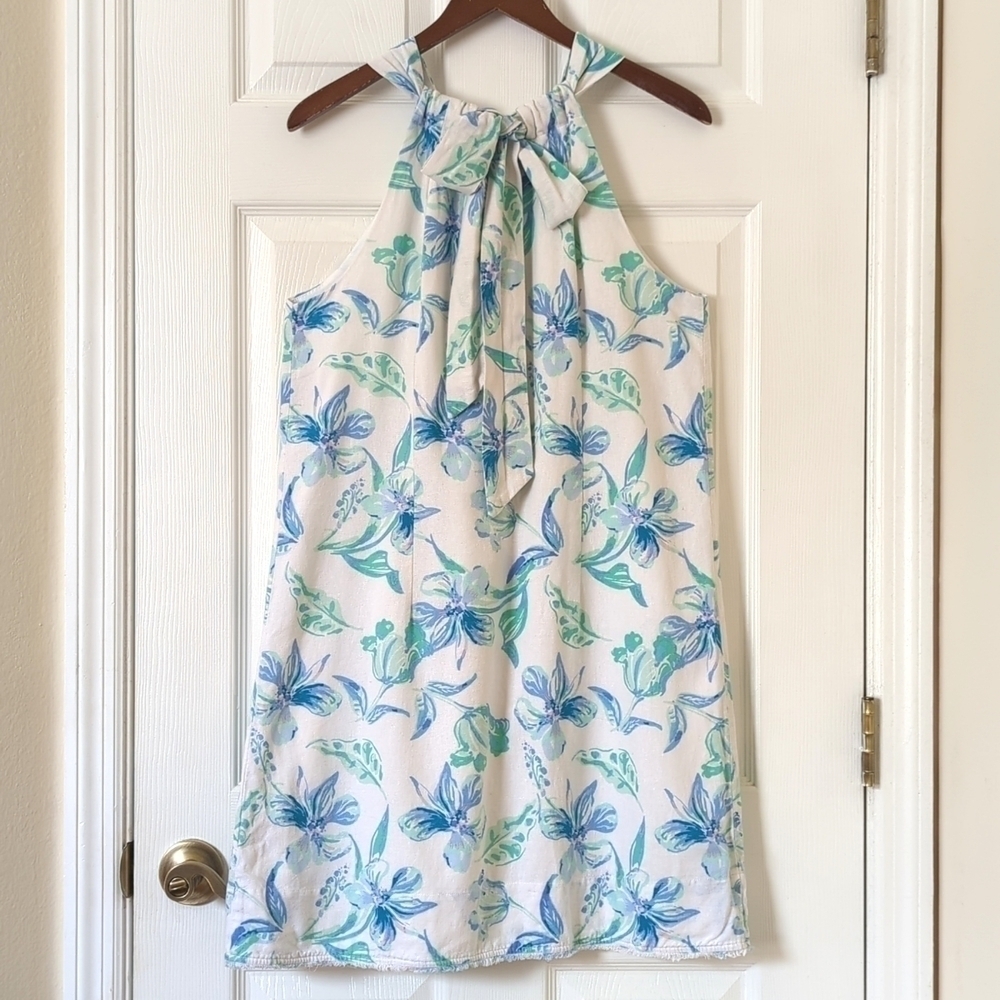 Charlie Paige Floral Linen Blend Sleeveless Halter Neck Mini Dress White Blue L - Picture 11 of 14